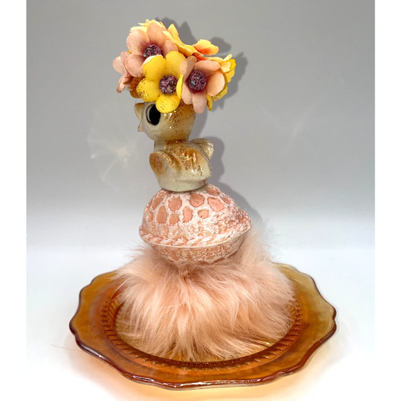 Vintage Mini Ceramic Chick Flower Hat Faux Fur Orange Carnival Glass Plate OOAK - Picture 13 of 16